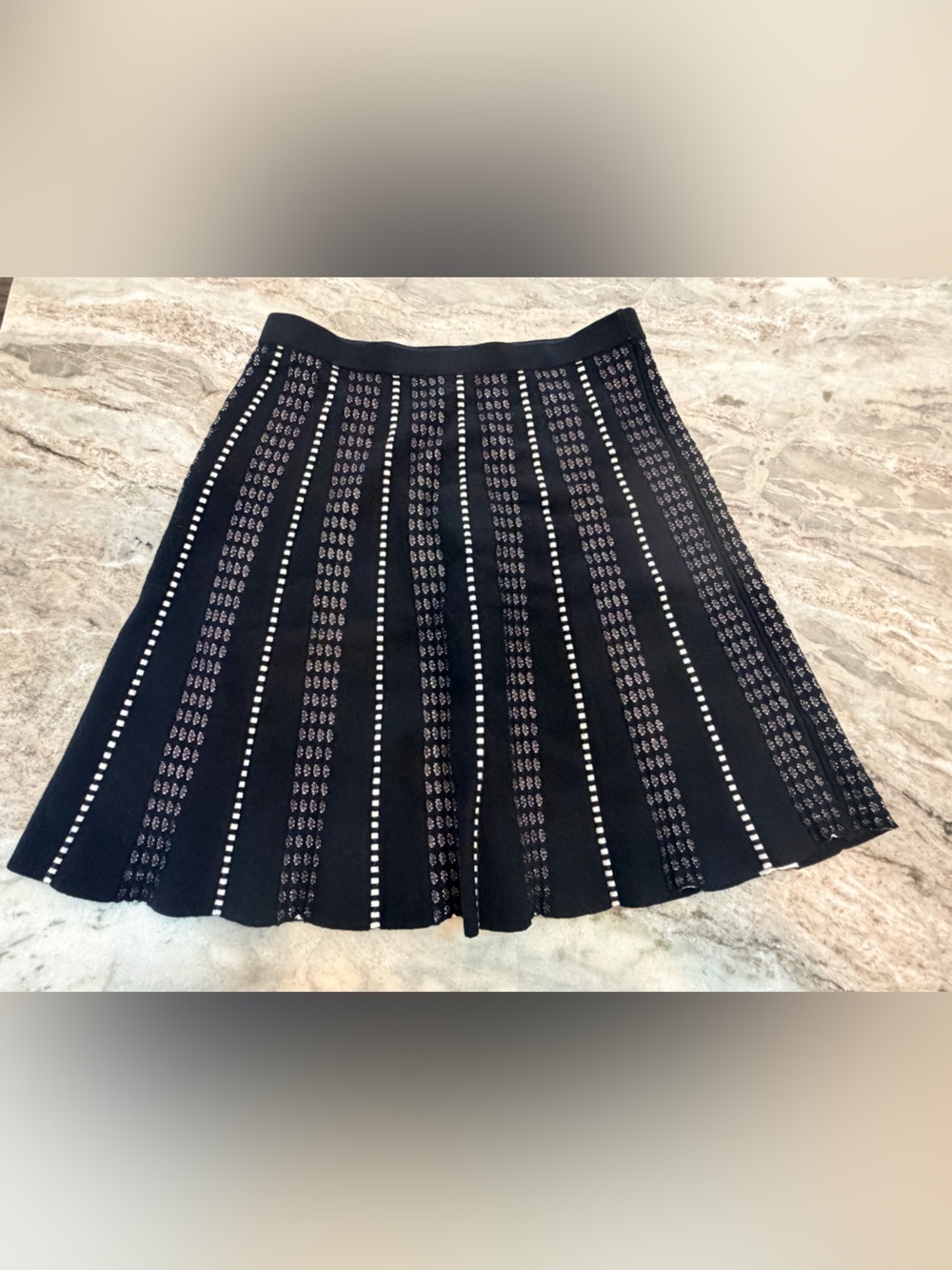 Spense small Black Cream Sweater Knit A-Line Skater Skirt Geometric